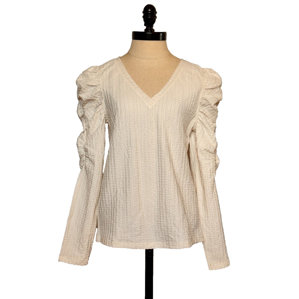 NWT LOFT Womens S Top Long‎ Sleeve Puff Shoulders Ivory Cream Ruched Stretch